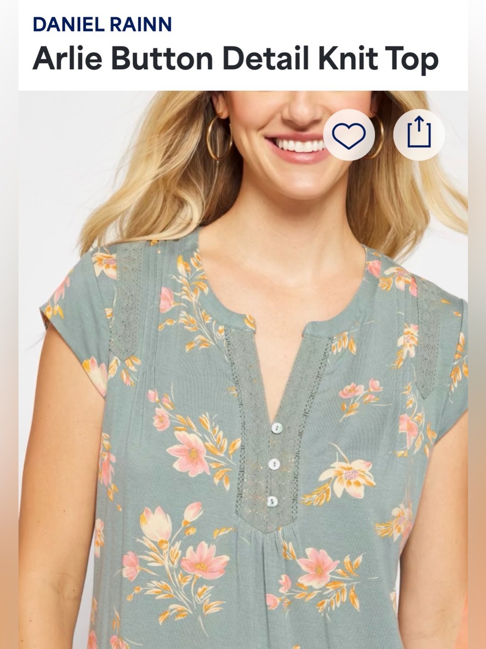 Daniel Rainn Sage Green Floral Button-Detail Knit Top